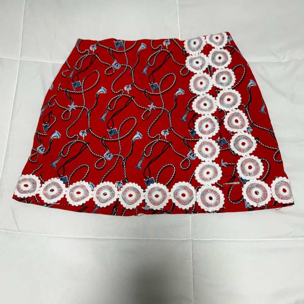 Crown & Ivy Red Skirt with White Floral Accents